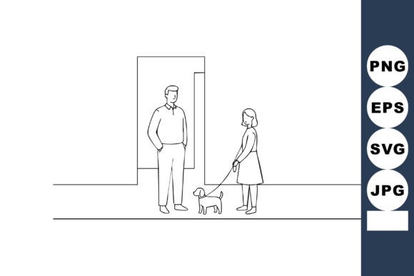 Man and Woman Walking Dog Outline Vector