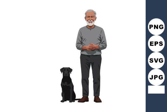 Older Man Standing with Black Dog in Cas