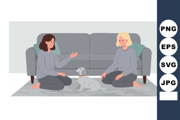 Two Women Sitting on Floor with Dog in L
