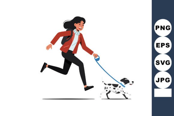 Woman Running with Dalmatian Dog on Blue